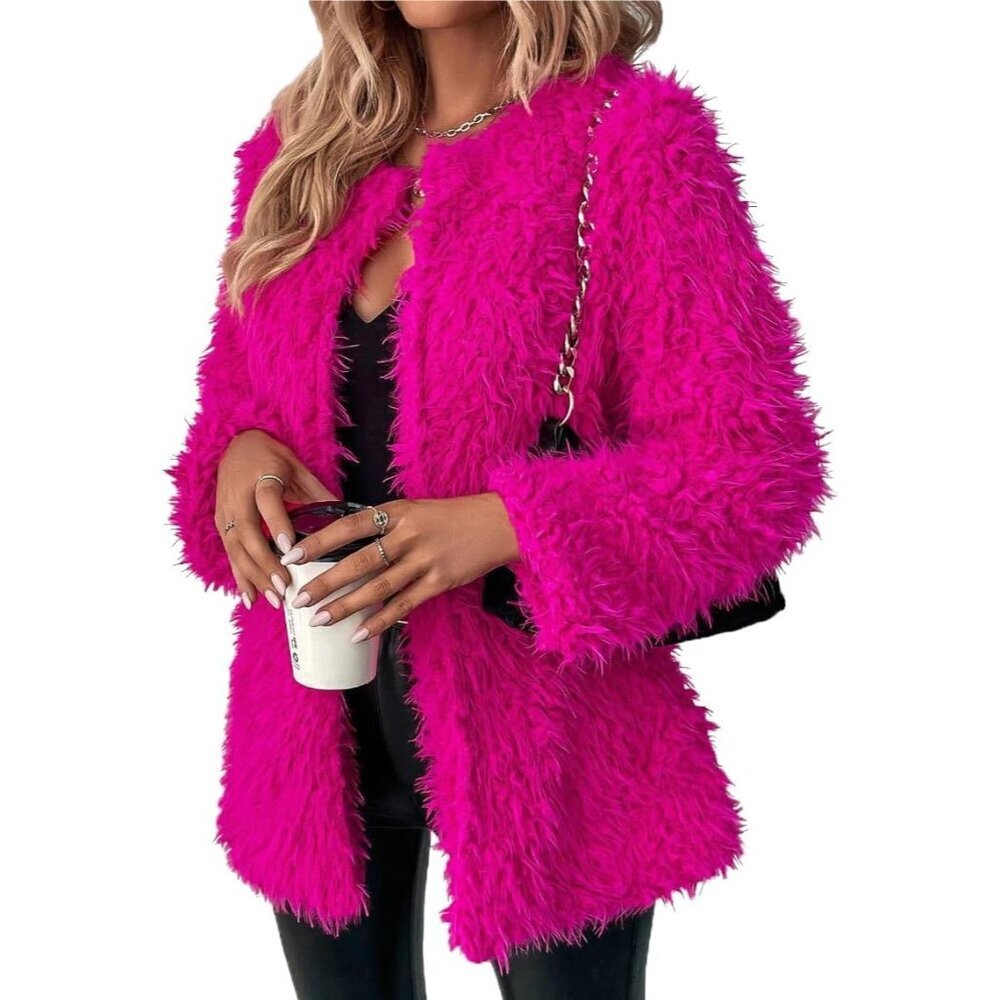 Plus Size Fuzzy Faux Fur Coat Waterfall Collar Long Sleeves Warm Outwear